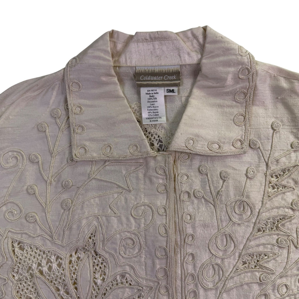 Coldwater Creek Womens Ivory 100% Silk Embroidered Long Sleeve Jacket Size S
