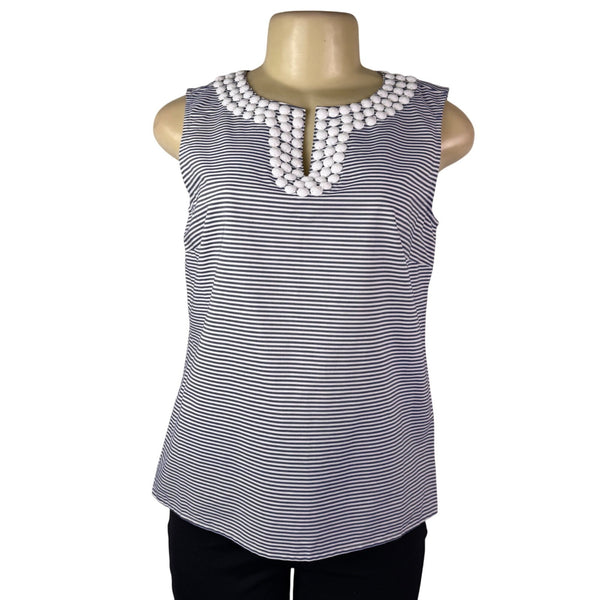 Talbots Womens Navy White Cotton Striped Sleeveless Top Petite Beaded Neck Sz S