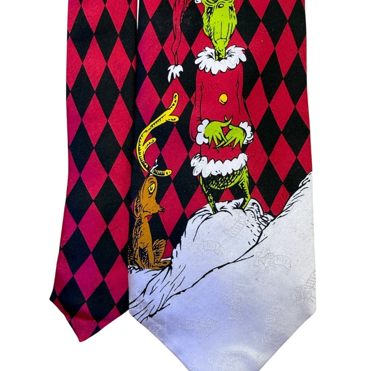 Dr. Seuss Mens Red & Black 100% Silk Christmas Grinch Themed Hand-Sewn Tie