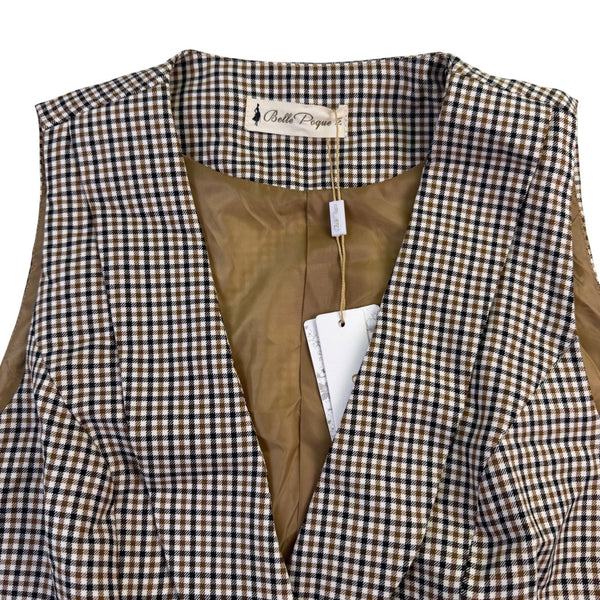 Belle Poque Womens Brown & Black Gingham Plaid Vest Blazer Top Size M