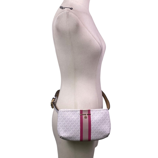 Michael Kors Women’s White Pink Signature Monogram three Stripe Belt Bag S/M