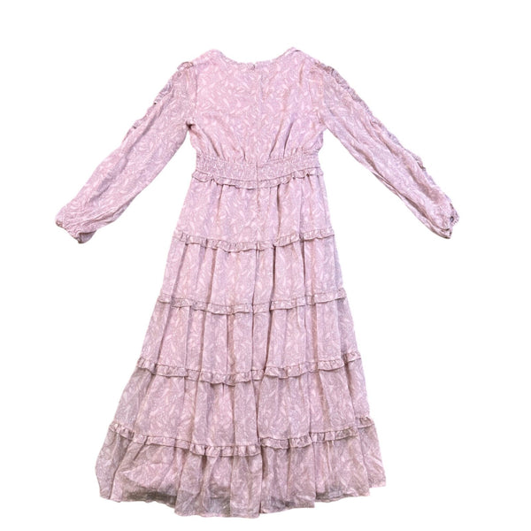 Storia Womens Pink Tiered Maxi Dress W/ Long Sleeves Textured Floral Sz M