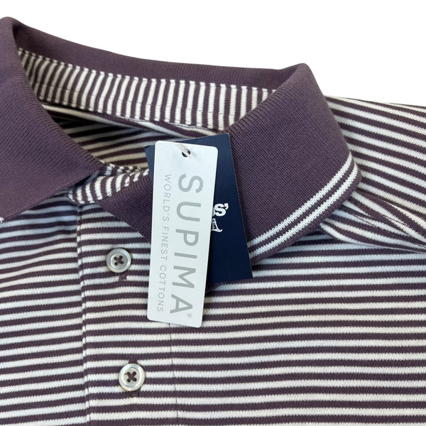Lands End Mens Purple/White Striped Supima Polo Shirt Short Sleeve Sz 46-48