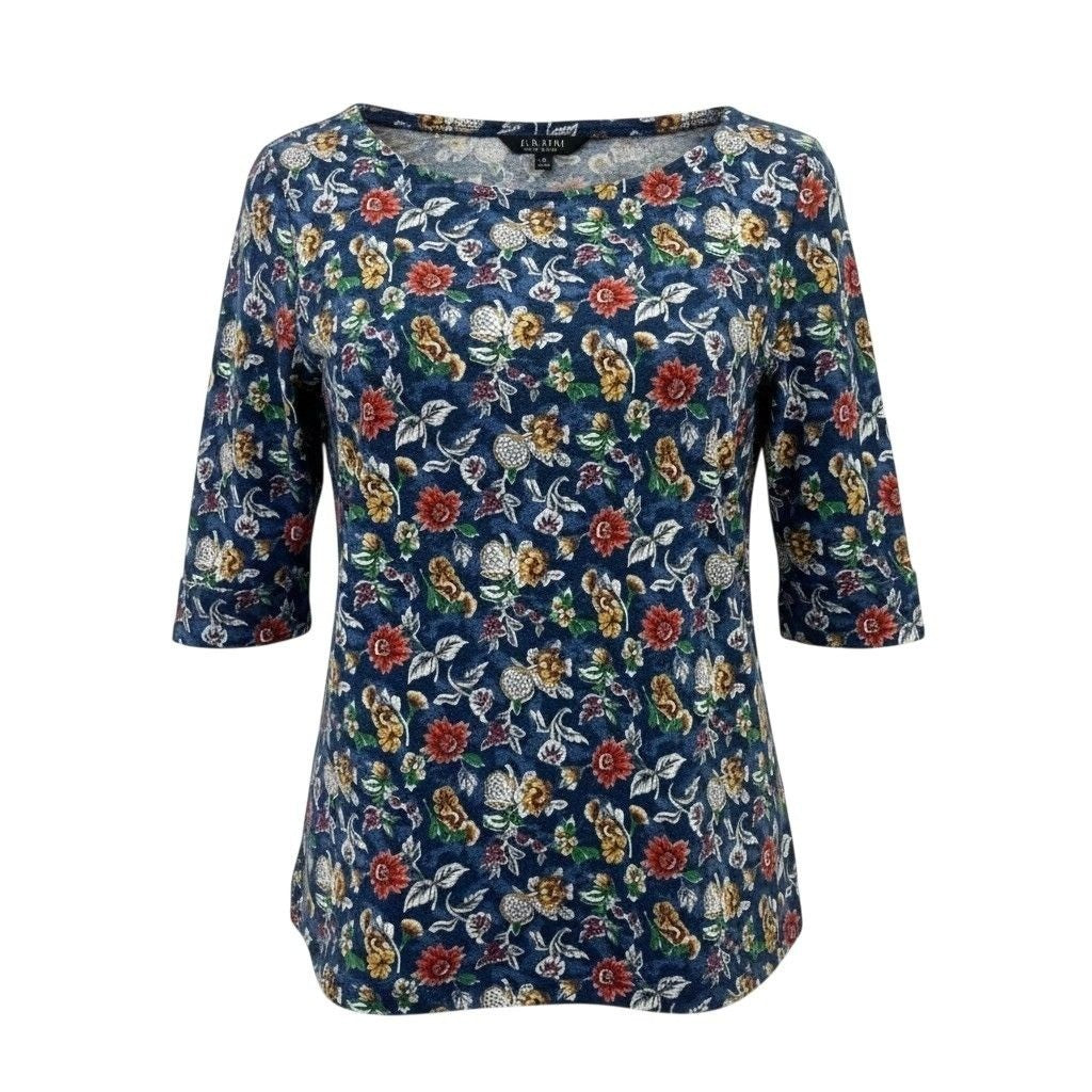 Lauren Ralph Lauren Womens Blue Floral Print Cotton Blend Top Size L