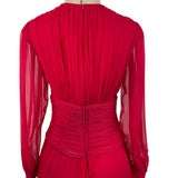 Vintage Red Long-Sleeve Chiffon Dress With Pleated Wrap Bodice Sz 10