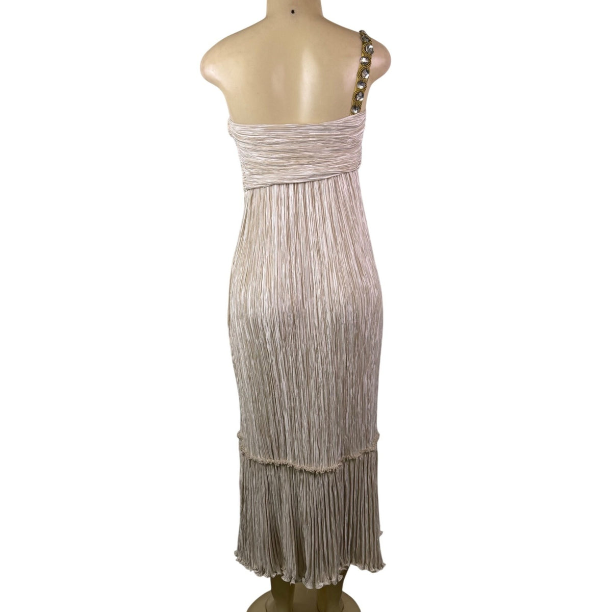 Mary McFadden Women’s Gold & Cream Pleated Satin Gown With Beaded Strap Size 6