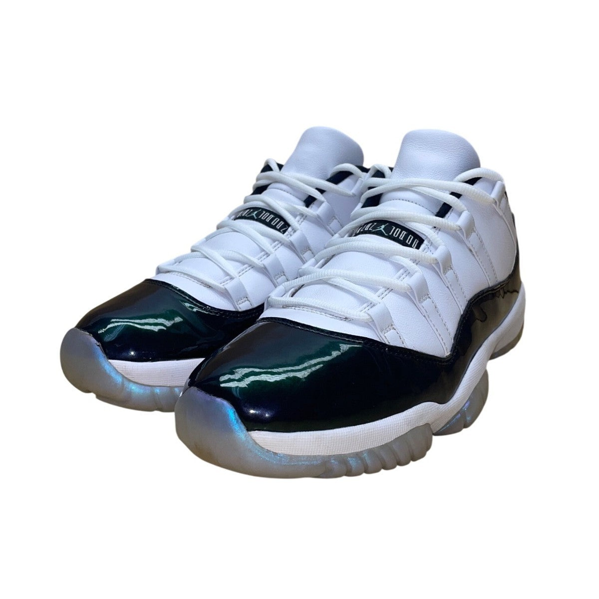 Air Jordan Men’s White & Emerald Green Patent Leather Low Top Sneakers Sz 12