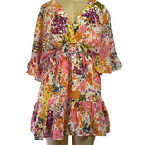 Floral V-Neck Mini Dress With Ruffle Sleeves & Smocked Waist New