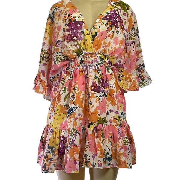 Floral V-Neck Mini Dress With Ruffle Sleeves & Smocked Waist New