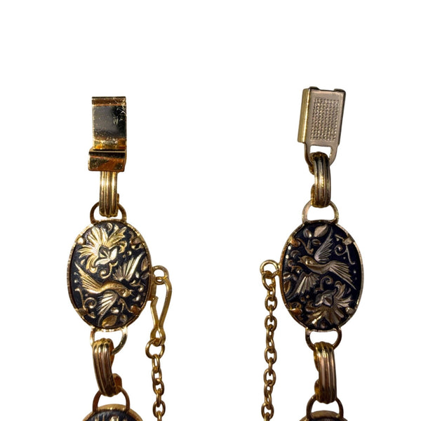 Gold Tone Ladies Black Oval Link Damascene Birds & Flowers Bracelet Toledo