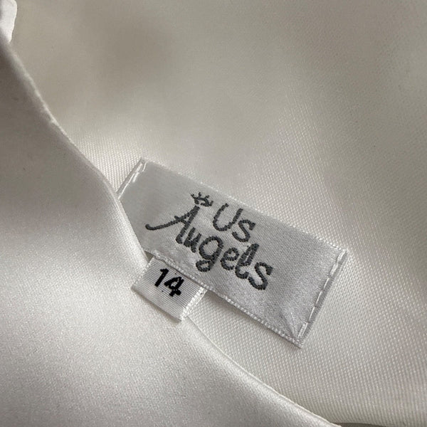 US Angels Girls White Satin Dress W Silver Embellished Tulle Skirt & Bow Size 14