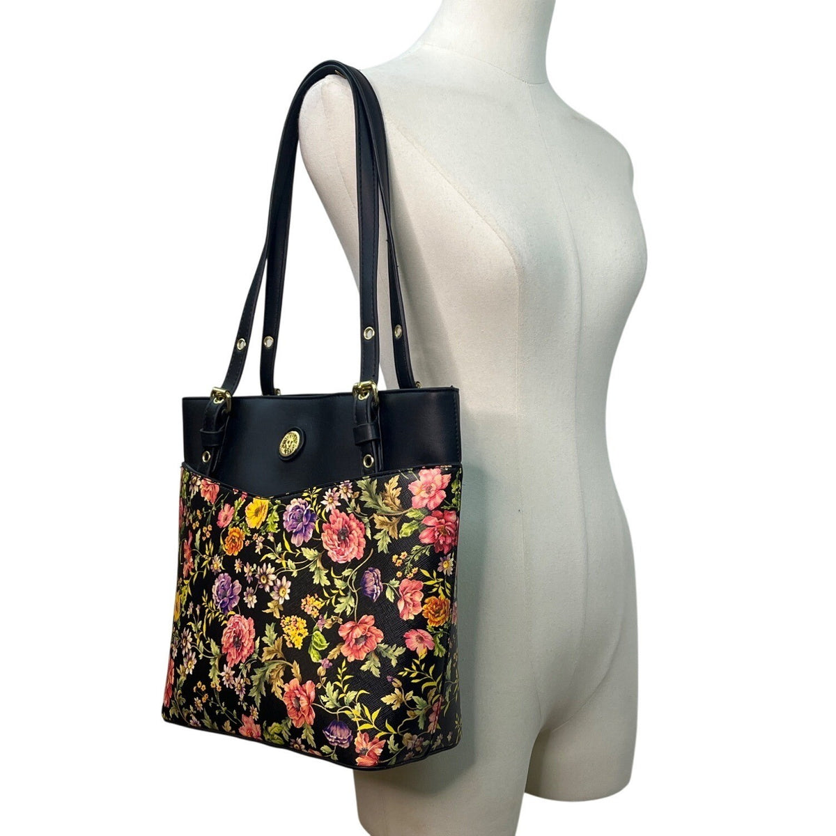 Anne Klein Floral Print Black Faux Leather Gold Accent Zipper Closure Tote Bag