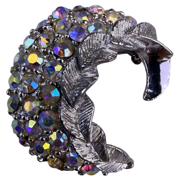 Vintage Womens Multi-Color Metal Rhinestone Crescent Leaf Brooch