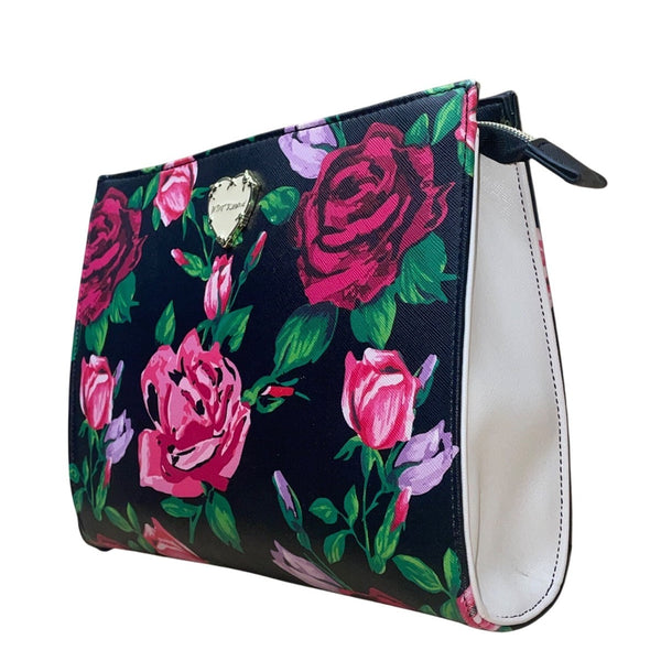 Betsey Johnson Women’s Black & Pink Floral Print With Gold Heart Detail Clutch