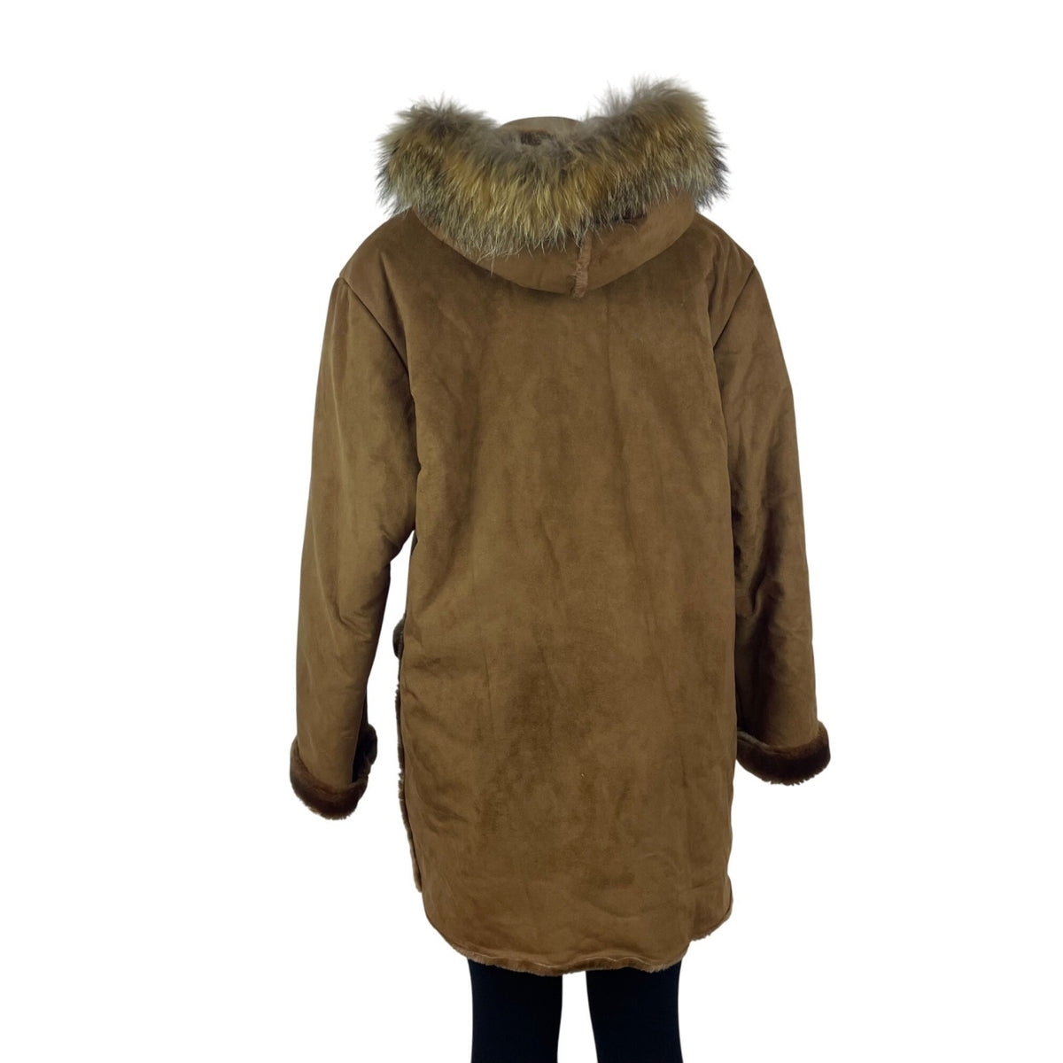 Medison Womens Brown Faux Suede Fur Trim Hooded Winter Coat  Casual Outerwear Sz