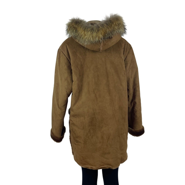 Medison Womens Brown Faux Suede Fur Trim Hooded Winter Coat  Casual Outerwear Sz