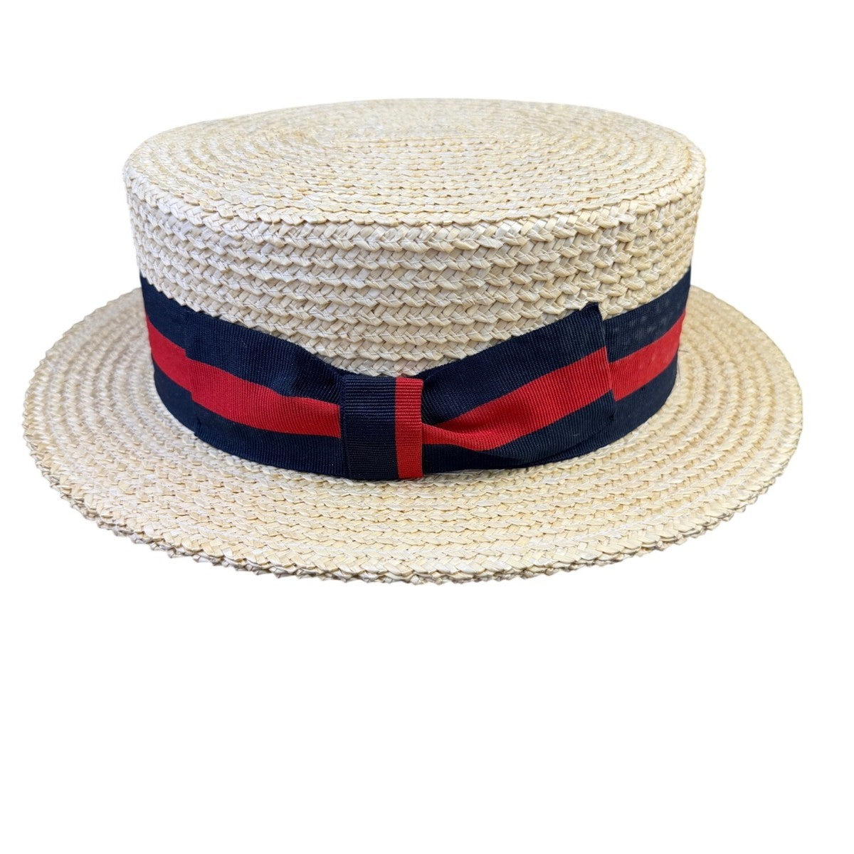 Straw Mens Natural Woven Boater Hat With Black & Red Ribbon Band Made In Italy