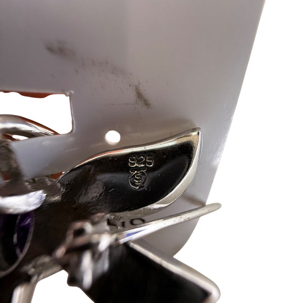 Sterling Silver Dragonfly Pin Brooch With Inlaid Blue Green Opal & Purple Stone