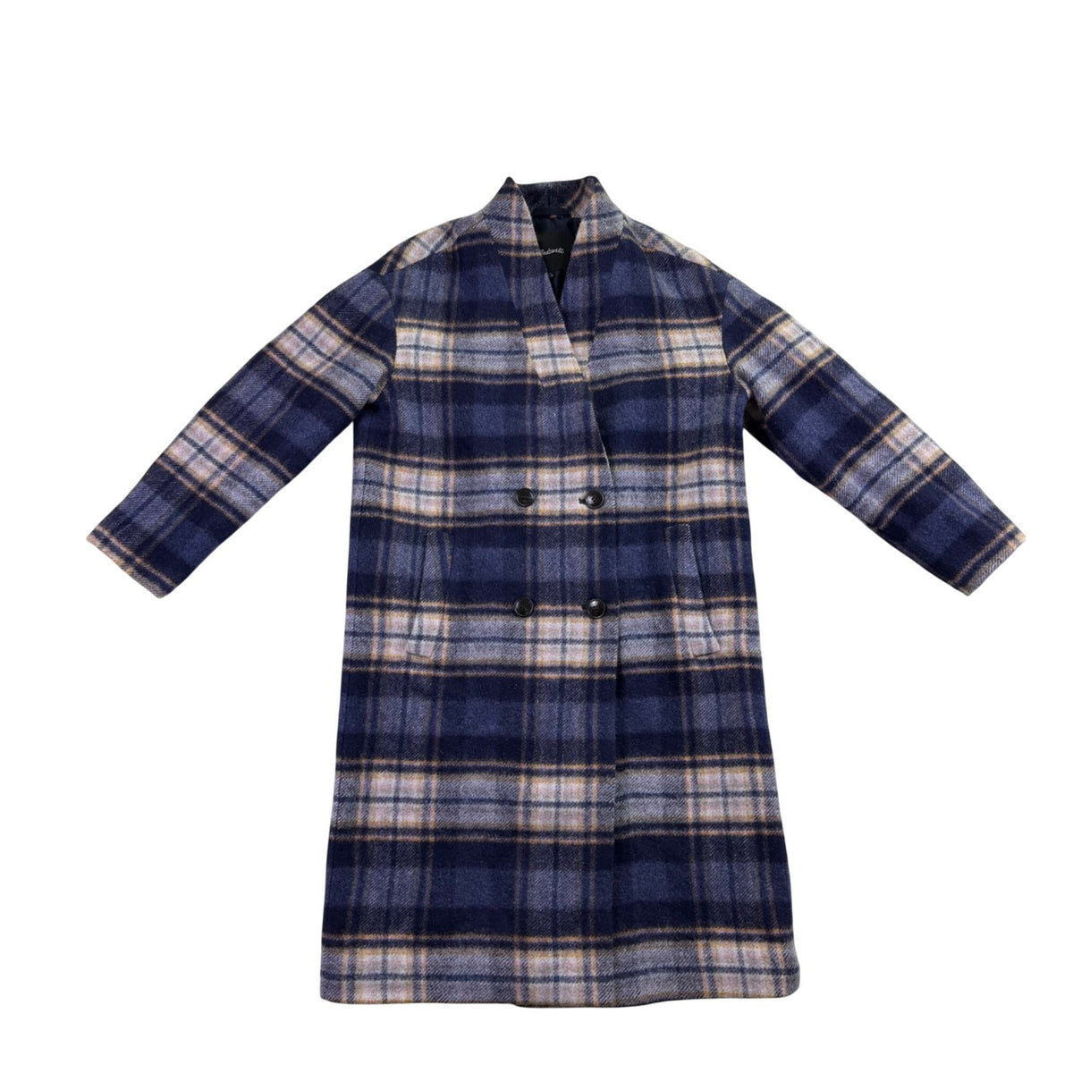 Madewell Womens Navy Wool Blend Plaid Double-Breasted Coat Size XS