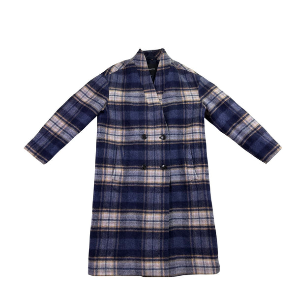 Madewell Womens Navy Wool Blend Plaid Double-Breasted Coat Size XS