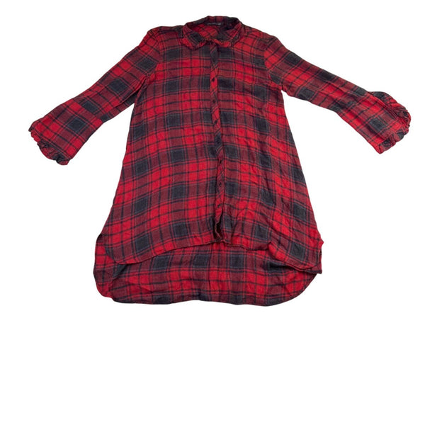 Zara Woman Red/Black Viscose & Acrylic Plaid Button-Down Tunic Dress Size M