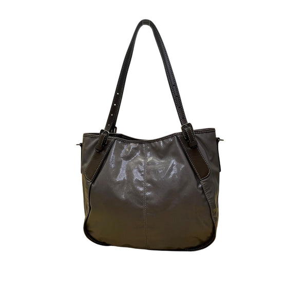 Tods Women’s Gray Patent & Brown Double Strap Signature Logo Accent Tote Bag