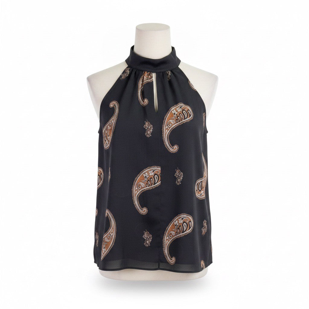 Rygrass Womens Black Paisley Tie-Neck Sleeveless Blouse Sz XL