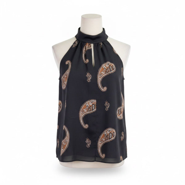 Rygrass Womens Black Paisley Tie-Neck Sleeveless Blouse Sz XL