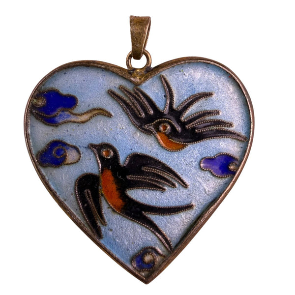 Vintage Chinese Cloisonné Enamel Heart Pendant With Swallows Blue Multi-Colored