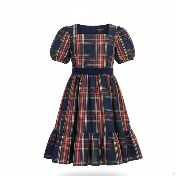 Crewcuts Girls Navy Multicolor Plaid Polyester Puff Sleeve Party Dress Size 7