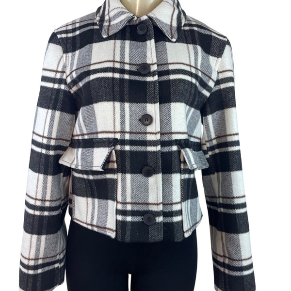 Zara Women's Black & White Plaid Button-Up Jacket With Pockets Sz S