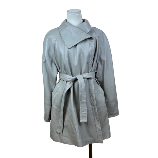 David 2 Women's Gray Genuine Leather Belted Jacket Wide Collar Coat Sz 40