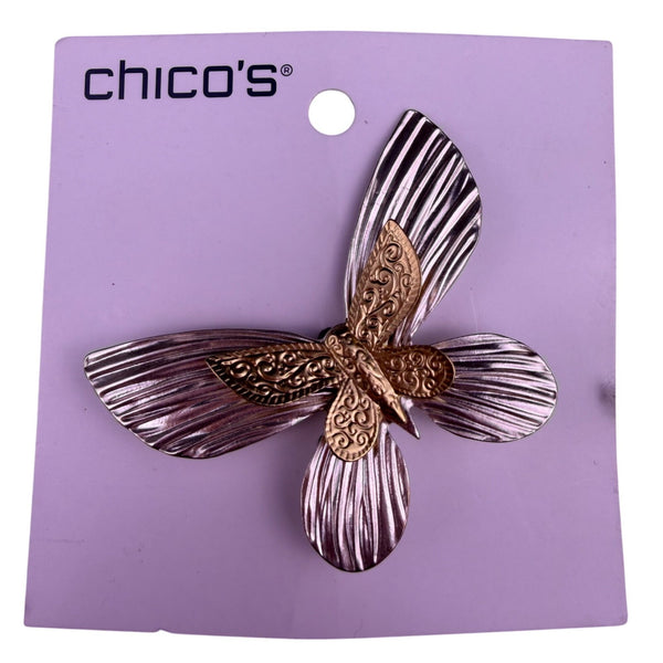 Chicos Two-Tone Mixed Metal Butterfly Brooch Gold & Silver Tone Textured Pin 