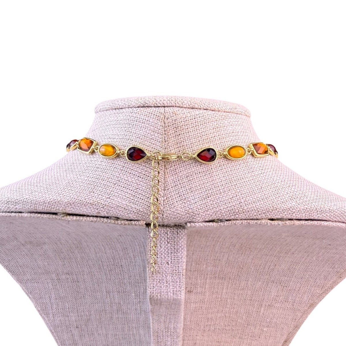 Vintage Statement Necklace Gold Tone Amber & Red Gemstones Bezel Set