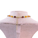Vintage Statement Necklace Gold Tone Amber & Red Gemstones Bezel Set