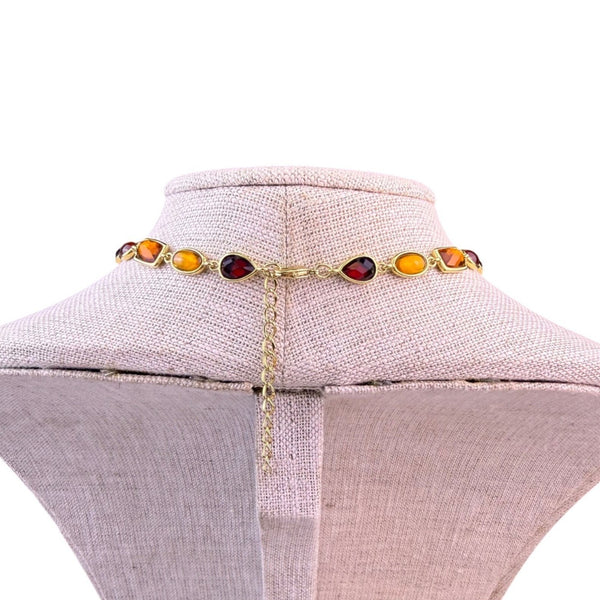 Vintage Statement Necklace Gold Tone Amber & Red Gemstones Bezel Set