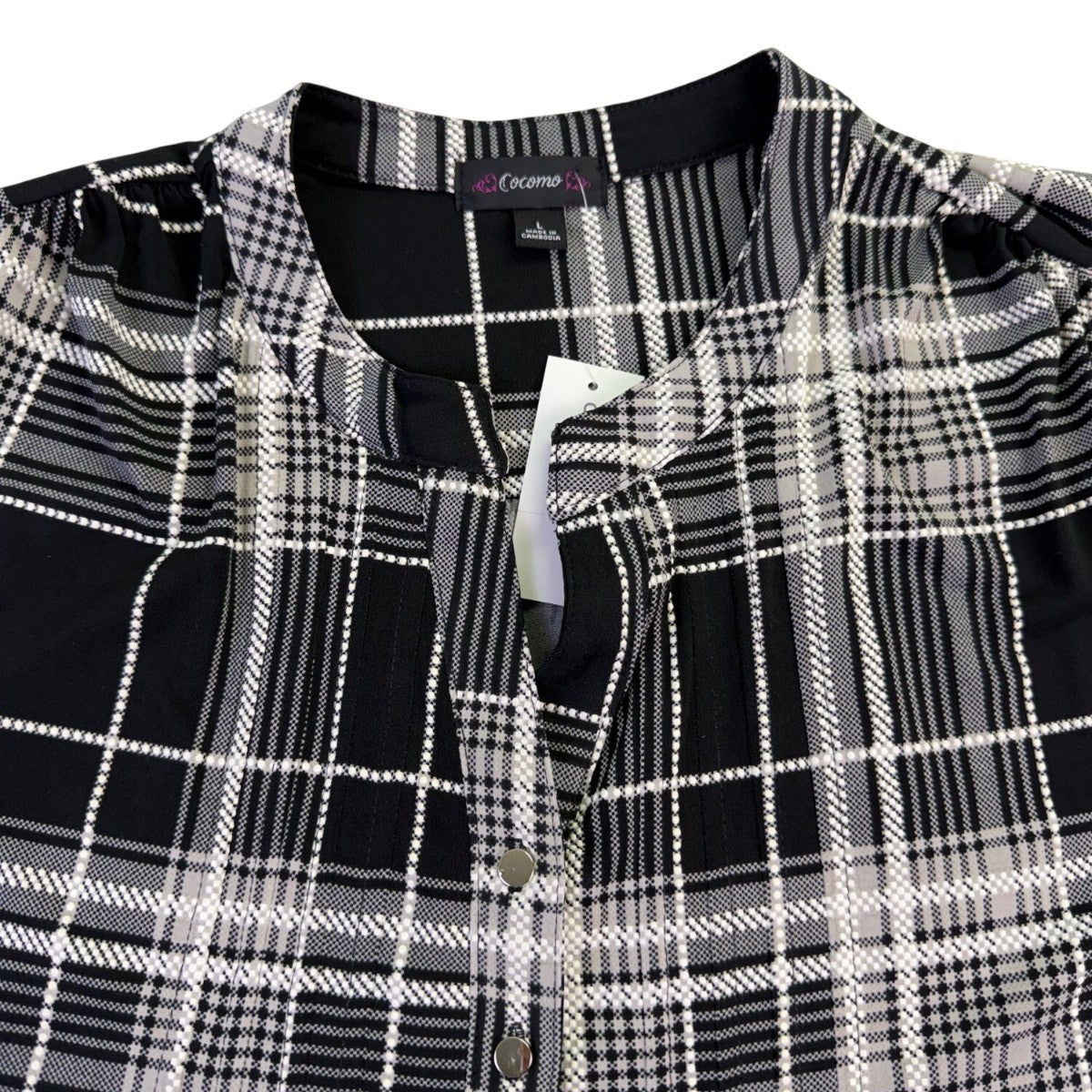 Cocomo Womens Black & White Plaid Long Sleeve Blouse Polyester Blend Size L