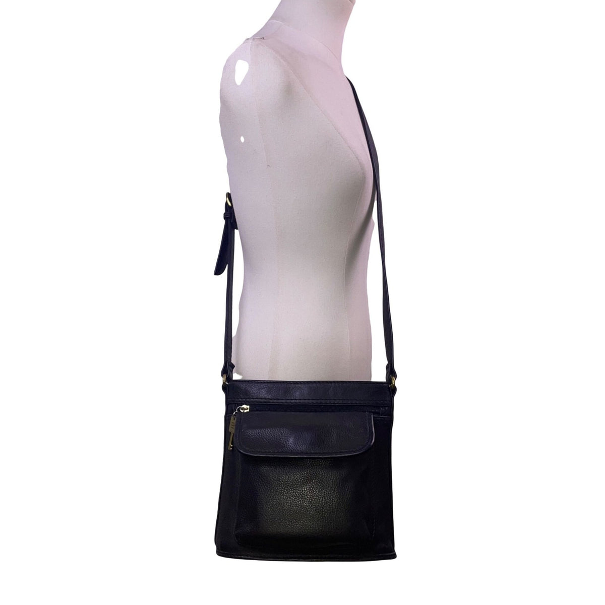 Fossil Women’s Black Leather Adjustable Strap Front Pocket Crossbody Bag