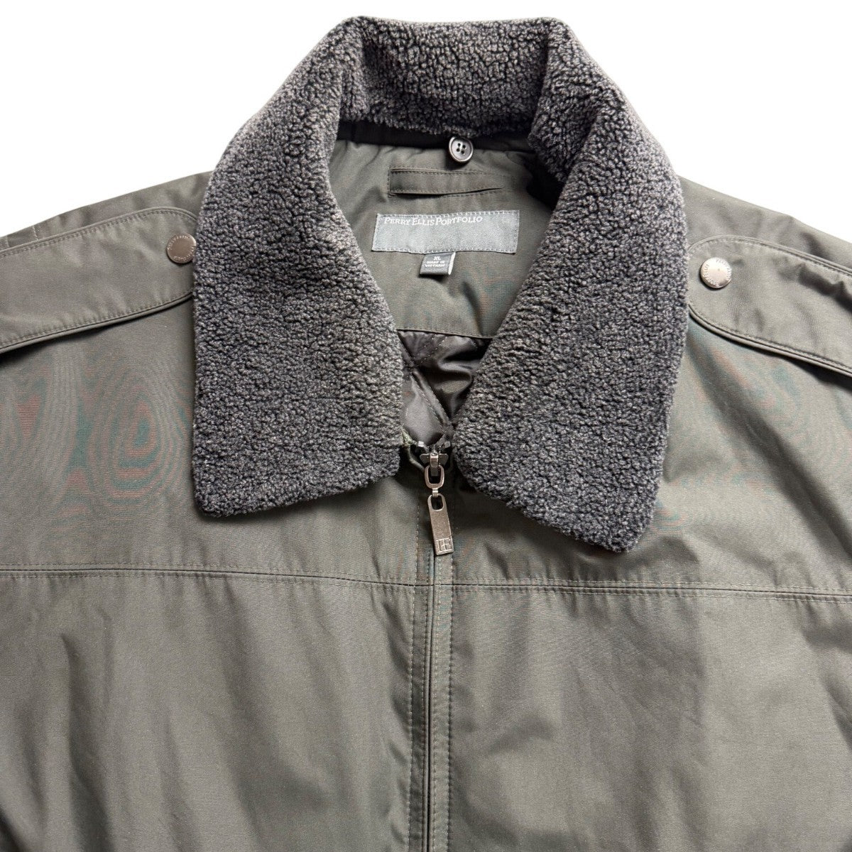 Perry Ellis Portfolio Mens Green Polyester Bomber Jacket Sherpa-Lined Collar Siz