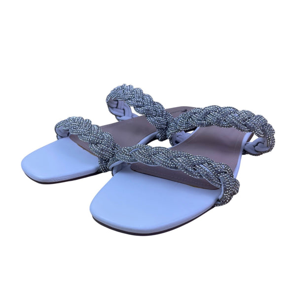 CaloLeyng Women’s White Rhinestone Braided Strap Slide Sandals Size US 11