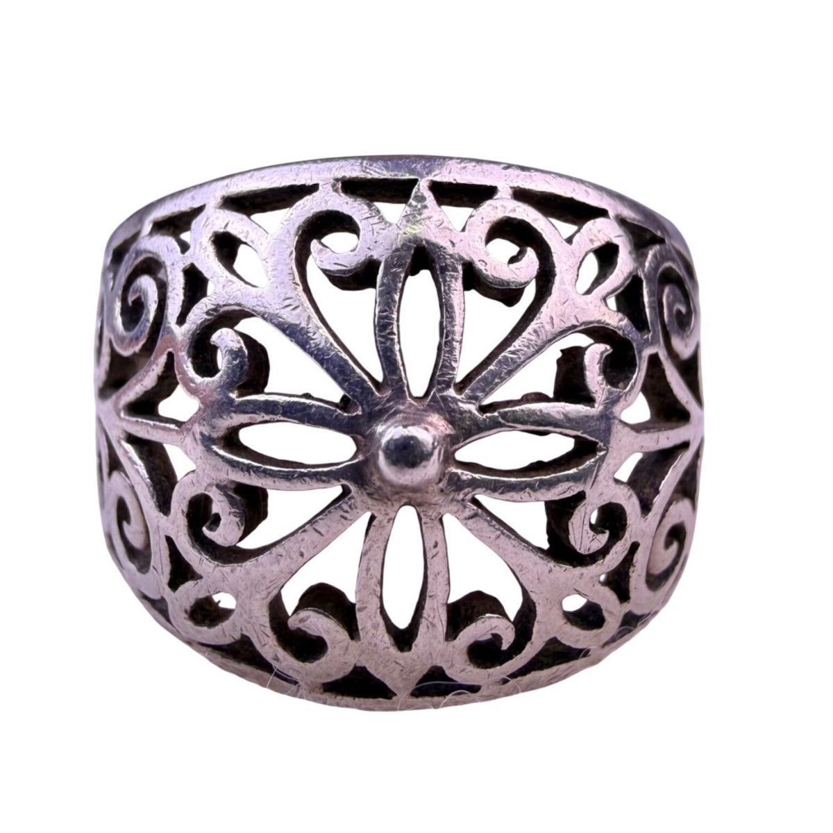 Sterling Silver Tone Womens Floral Filigree Ring 925 Intricate Scrolling Design