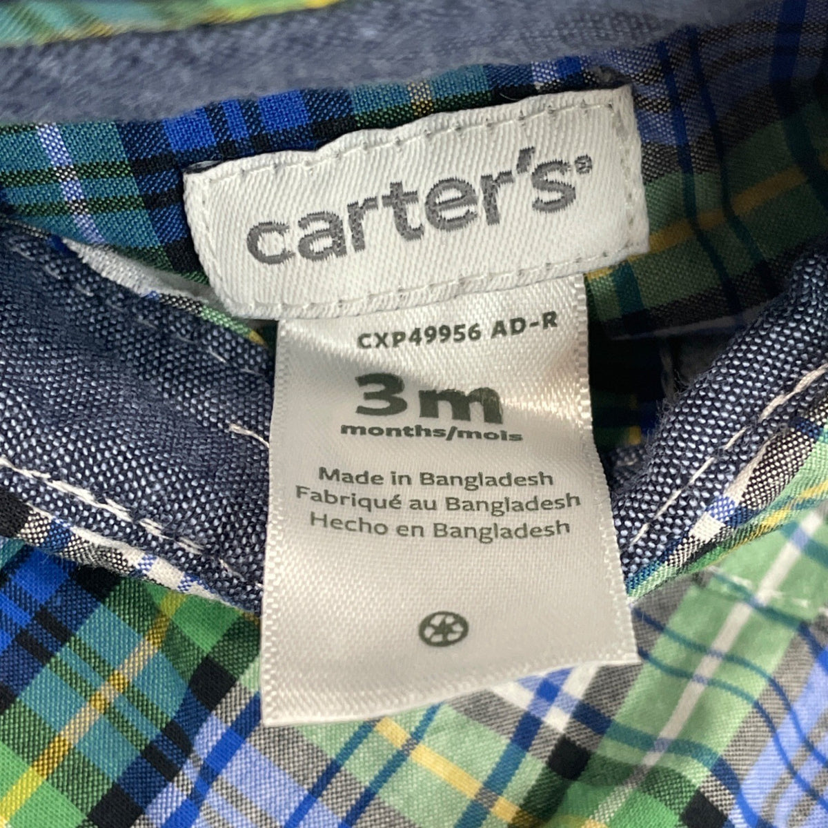 Carters Baby Boys Green & Blue Plaid Button-Up Bodysuit Size 3M - New