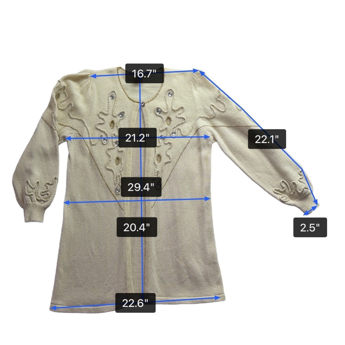 Vintage Madeleine Womens Ivory Embellished Cardigan Long Sleeve Open Front Sz L