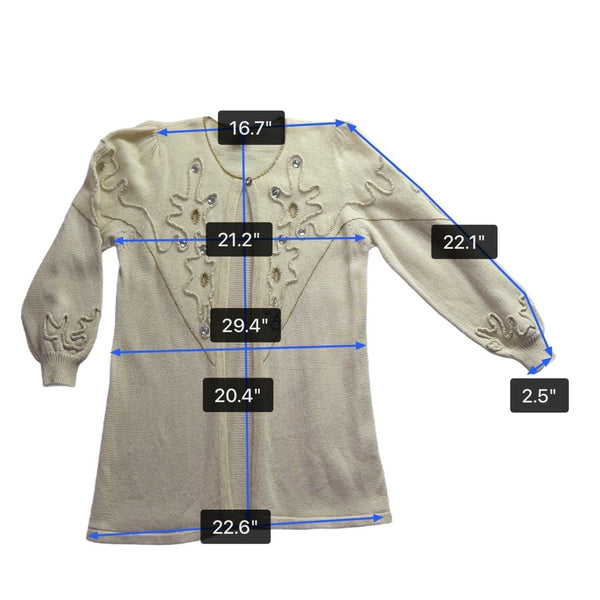 Vintage Madeleine Womens Ivory Embellished Cardigan Long Sleeve Open Front Sz L