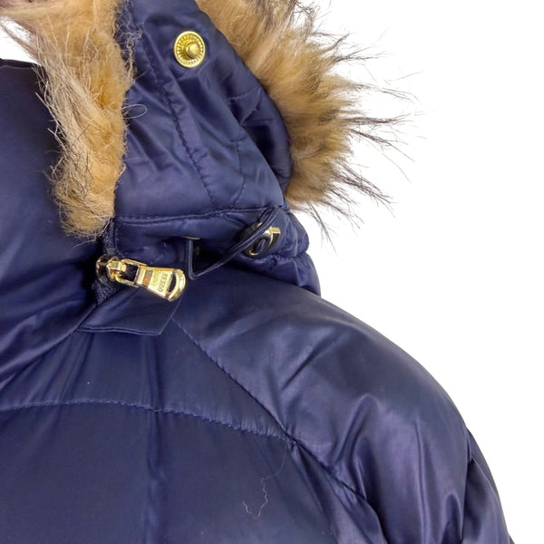 Guess Womens Navy Puffer Coat Faux Fur Hood Quilted Design Knee-Length Sz L