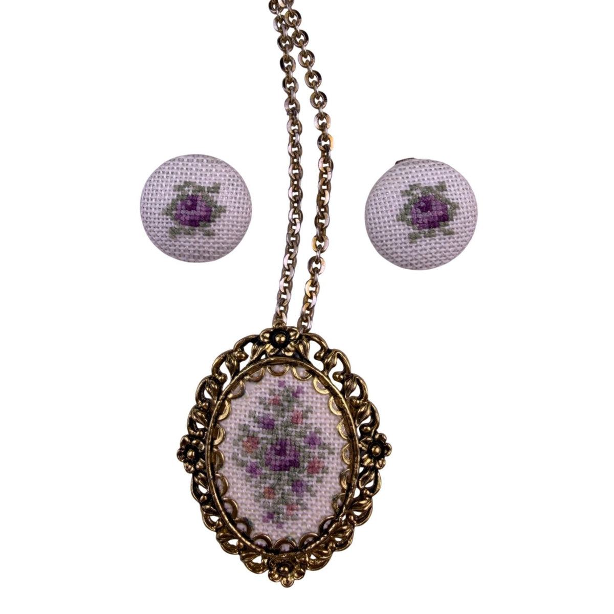 Vintage Needlepoint Floral Pendant & Clipon Earrings Set Gold Tone Necklace