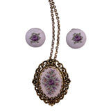 Vintage Needlepoint Floral Pendant & Clipon Earrings Set Gold Tone Necklace