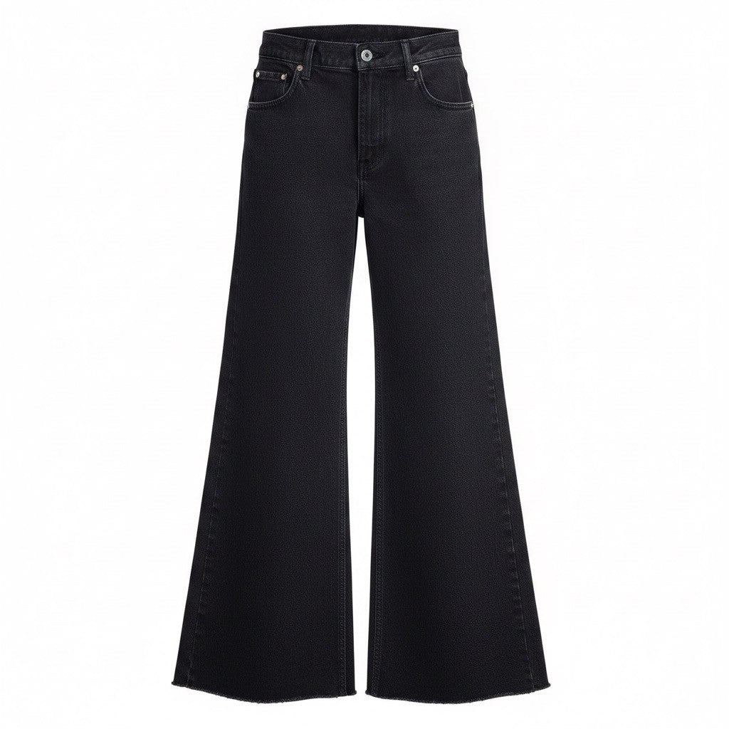 Zara Womens Black Wide Leg Frayed Hem Jeans Casual Style Size 4 