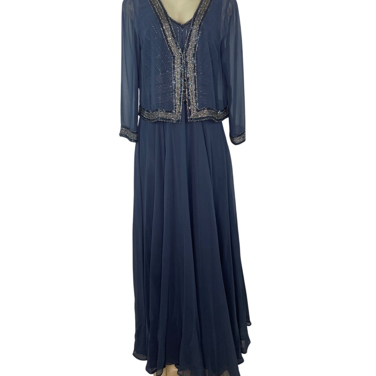 Jkara Women’s Navy Blue Beaded Sleeveless Evening Gown With Sheer Jacket Sz 12