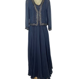 Jkara Women’s Navy Blue Beaded Sleeveless Evening Gown With Sheer Jacket Sz 12